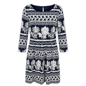 Trulli Navy Blue White Floral Scroll 3/4 Sleeve Fit & Flare Dress‎ Size 10
